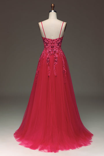 Spaghetti Straps A Line Fuchsia Prom Dress with Appliques